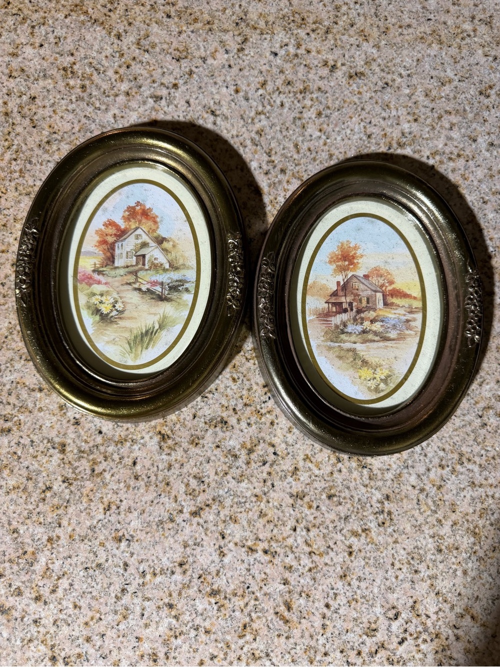 Pair of Oval Vintage Cottage Prints in Bronze Frames - Autumn Colors